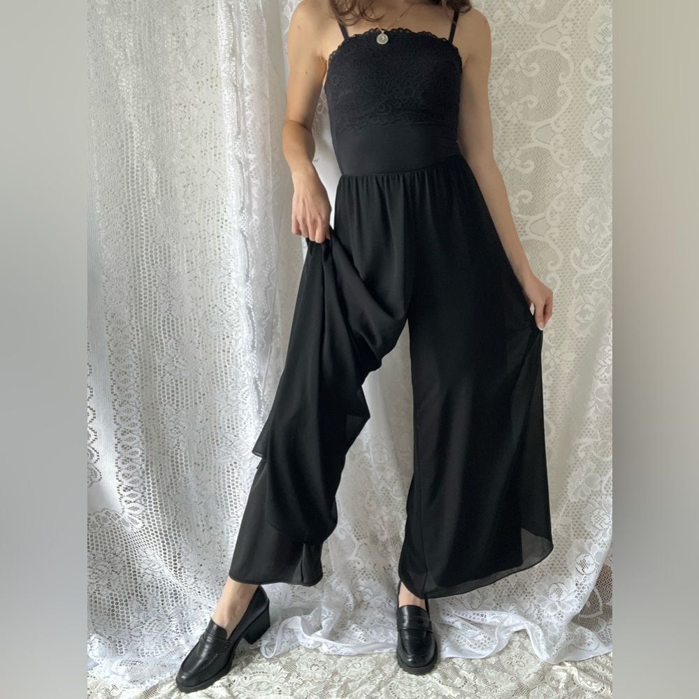 Vintage 90s/Y2K Black Chiffon Wide Leg Pants Minimalist Flowy Dressy - Picture 4 of 12